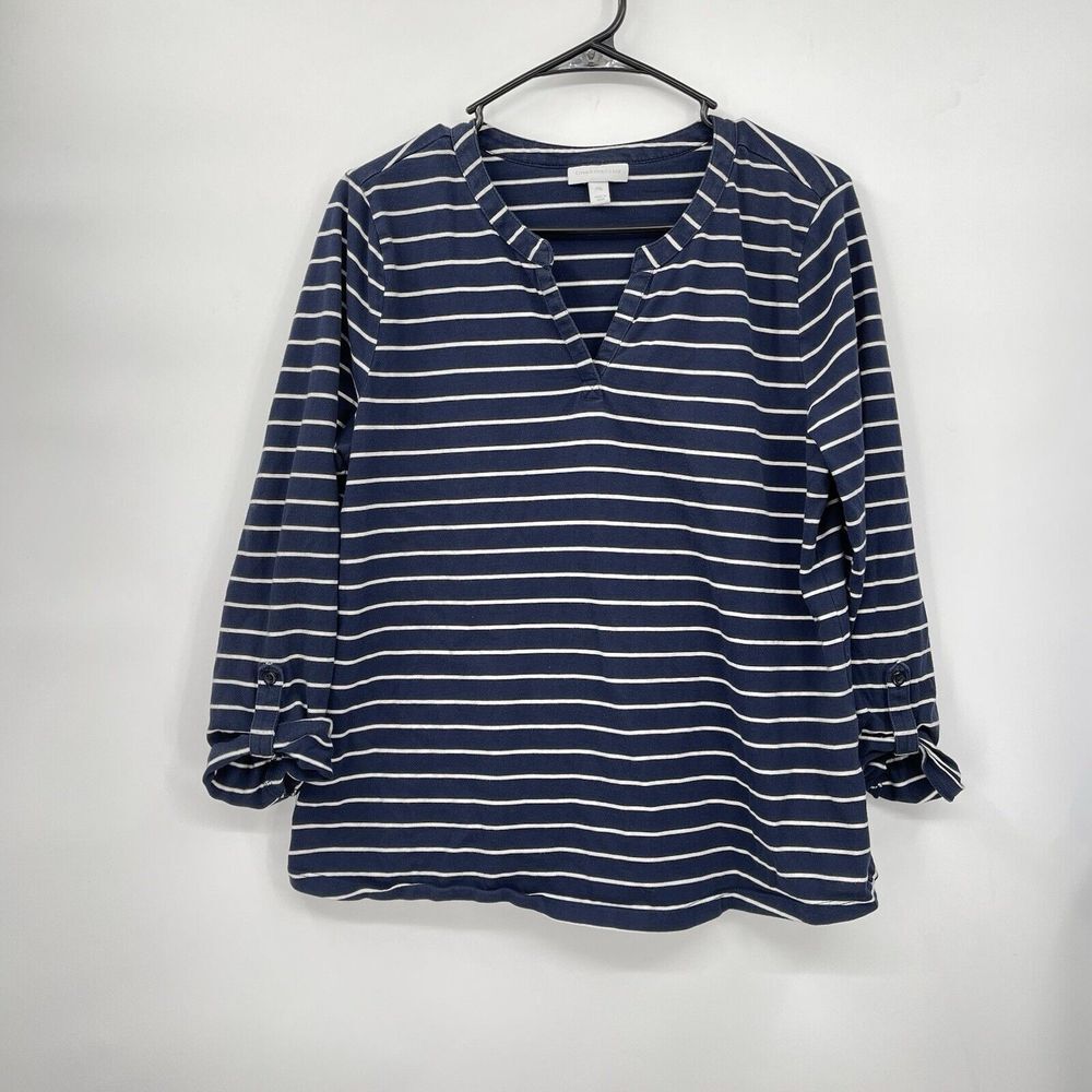Charter Club PXL Striped Top Women Navy‎ Blue Supima Cotton 3/4 Roll Tab Sleeve